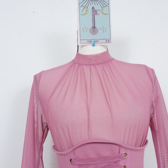 Iris Mauve Pink Sheer Mock Neck Long Sleeve Corset Lace Up SZ S Sexy Y2K Dress - Picture 9 of 14